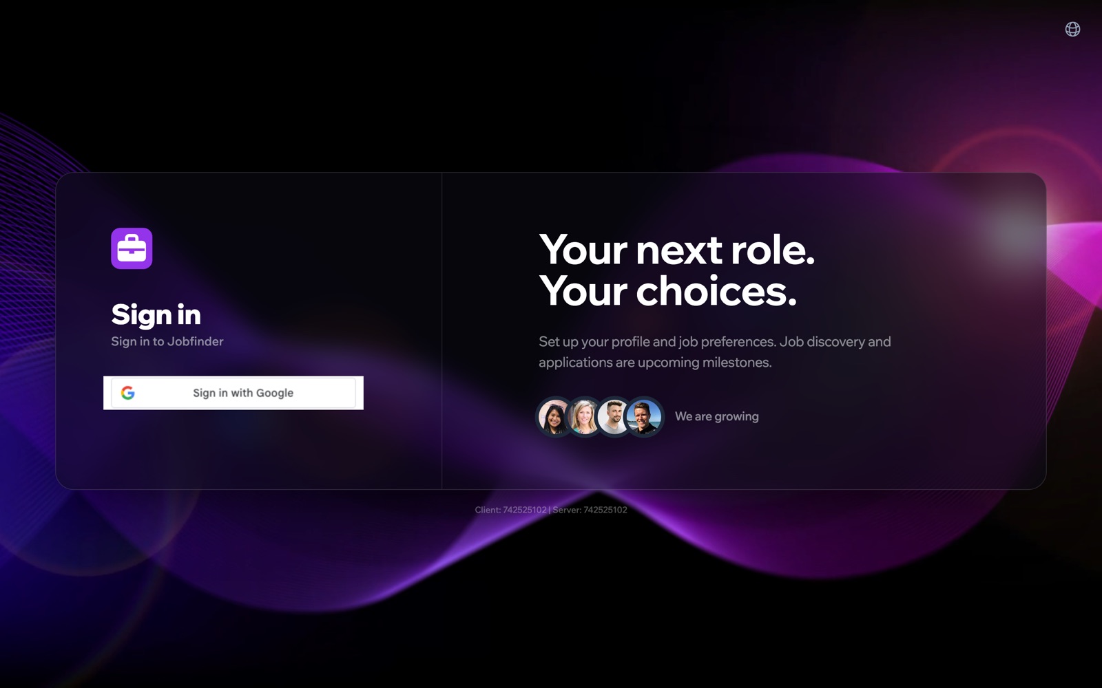 Jobfinder sign-in screen: Your next role. Your choices.